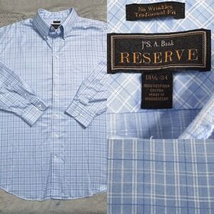 JOS A BANK RESERVE Mens Blue Plaid Traditional Fit Button Down Shirt 18 1/2 EUC